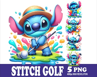 Könnte beinhalten: Eine blaue Stitch-Figur, die einen Strohhut trägt und einen Golfschläger hält. Stitch steht auf einem grünen Grasfleck mit einem bunten Wasserspritzhintergrund. Es gibt fünf PNG-Bilder von Stitch, der Golf spielt, in verschiedenen Posen.
