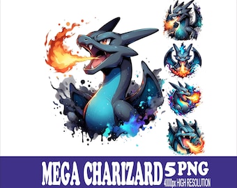 Mega Charizard Design Watercolor Design: Sublimation PNG Set (Digital Download)