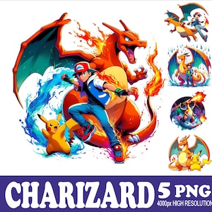 Charizard Design Watercolor Design: Sublimation PNG Set (Digital Download)