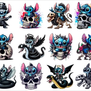 Op de afbeelding: Tien verschillende digitale illustraties van Stitch uit Lilo & Stitch. Elke illustratie toont Stitch in een andere pose, met een schedel, een slang of een dinosaurus. De illustraties zijn in cartoon-stijl en kleurrijk.