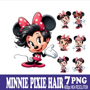 Puede incluir: Ilustración digital de Minnie Mouse con diferentes peinados y atuendos. La imagen principal muestra a Minnie con un lazo y un vestido de lunares rojos. Imágenes adicionales muestran diferentes diseños de Minnie Mouse. El texto en la parte inferior dice "MINNIE PIXIE HAIR 7 PNG 4000px HIGH RESOLUTION."