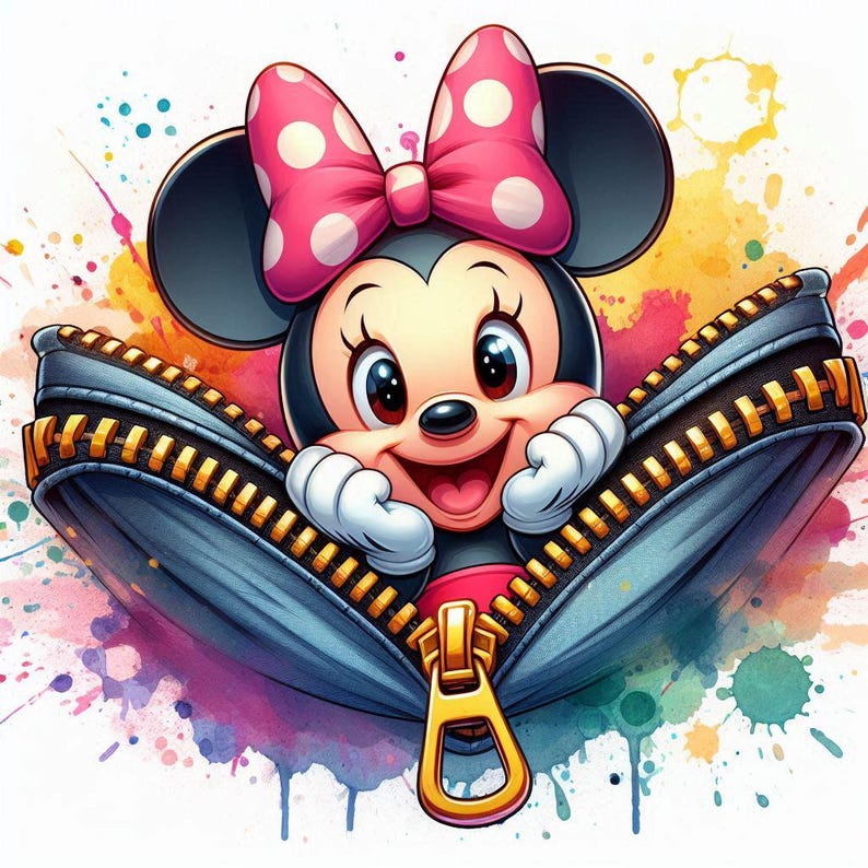 May include: A digital illustration of Minnie Mouse smiling, emerging from a blue denim zipper. She wears a pink bow with white polka dots. The background features colorful watercolor paint splatters.