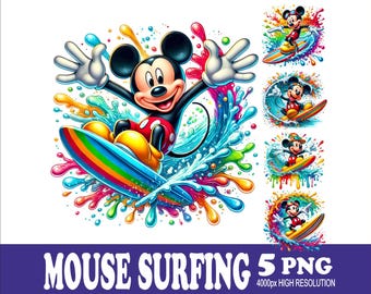 Mouse Surfing Design Watercolor PNG: Sublimation Design (5 Files)