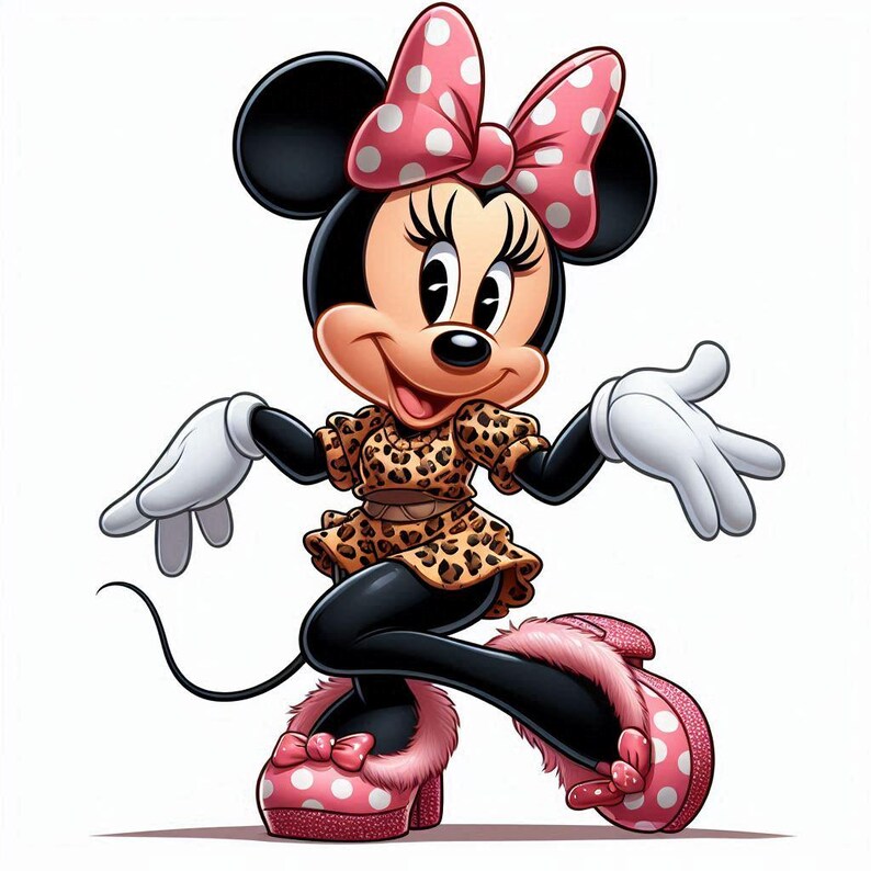 May include: Cartoon illustration of Minnie Mouse in a playful pose. She wears a leopard print dress, black leggings, and pink polka dot shoes with fur trim. A large pink bow with white polka dots adorns her head.