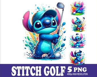 Könnte beinhalten: Stitch, der blaue Außerirdische aus Lilo & Stitch, spielt Golf. Er trägt eine blaue Baseballkappe und hält einen Golfschläger. Es gibt fünf Bilder von Stitch in verschiedenen Golfposen, jedes mit einem bunten Spritzhintergrund.