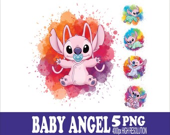 Stitch Angel Watercolor Sublimation Design: 5 PNG Files (Digital Download