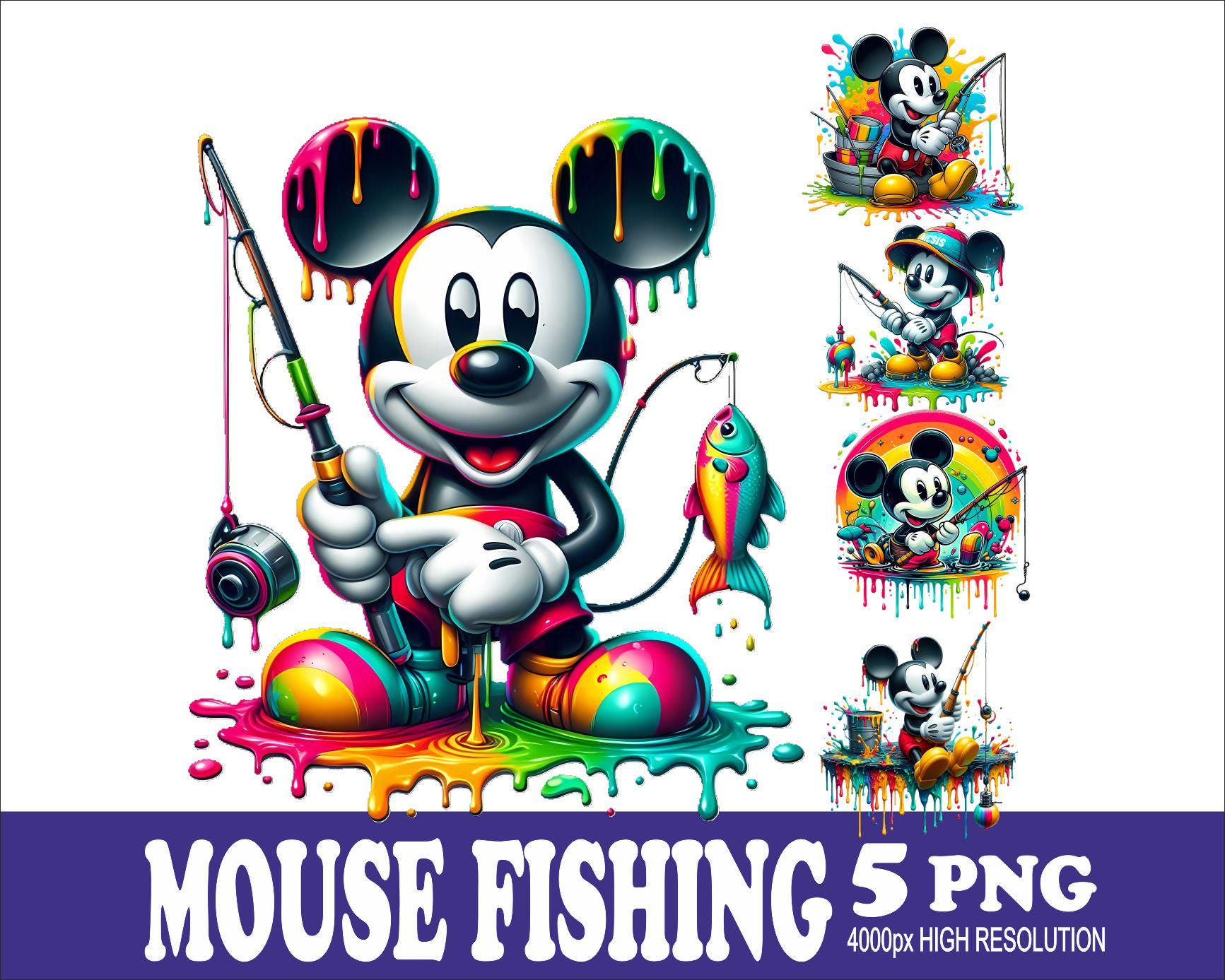 Mouse Fishing Watercolor PNG: Sublimation Design Set (5 Files)