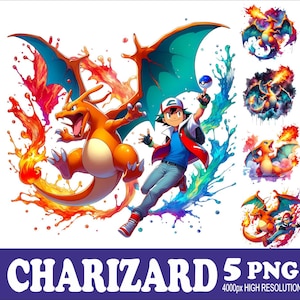 Könnte beinhalten: Digitales Kunstwerk mit Charizard, einem feurigen orangefarbenen Drachen, und einer Figur, die einen Pokéball hält. Das Bild enthält lebendige Farbspritzer und den Text "CHARIZARD 5 PNG 4000px HIGH RESOLUTION".