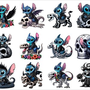 Op de afbeelding: Twaalf digitale illustraties van Stitch uit Lilo & Stitch, gekleed in punkrock-stijl. Stitch rijdt op een verscheidenheid aan skeletwezens, waaronder een draak, een dinosaurus en een slang. Stitch speelt ook gitaar en draagt een schedelketting.