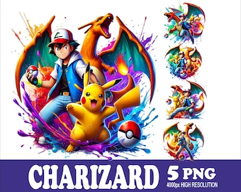 Watercolor Dragon Carizard PNG: Sublimation Design (5 PNG Files)