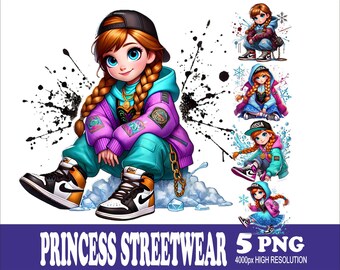 Princess Streetwear Design PNG : motifs à sublimation aquarelle (5 fichiers)