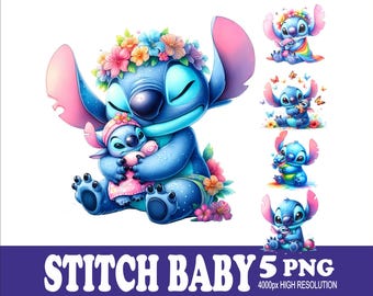 スティッチベビー水彩画風PNGデザイン：昇華プリント用グラフィック（5つのPNG画像）