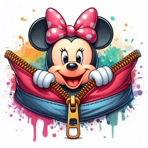 May include: A cartoon illustration of Minnie Mouse peeking out from a pink jacket with a gold zipper. She wears a pink bow with white polka dots. The background features colorful watercolor paint splatters.