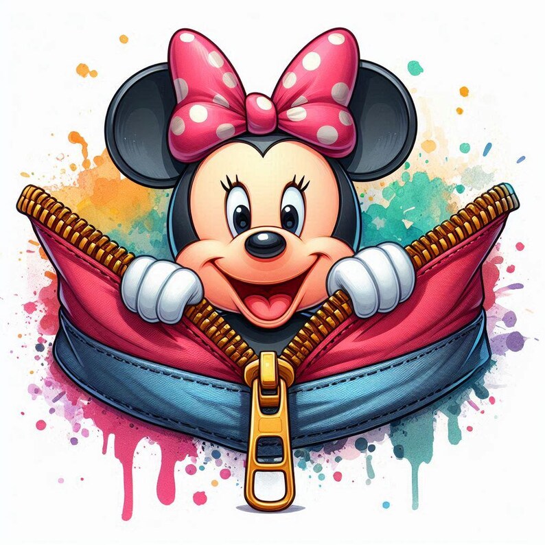 May include: A cartoon illustration of Minnie Mouse peeking out from a pink jacket with a gold zipper. She wears a pink bow with white polka dots. The background features colorful watercolor paint splatters.