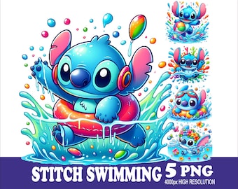 Stich Schwimmen Aquarell PNG: Sublimationsdesign Set (5 Dateien)