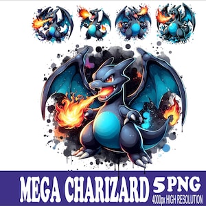 May include: A digital illustration set featuring five variations of a dark blue and black dragon-like creature with large wings, sharp claws, and a light blue belly. The creature breathes fire, surrounded by black ink-style splatters and splashes.