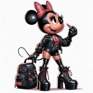 Peut inclure: Illustration de Minnie Mouse v&ecirc;tue d'une veste en cuir noire, d'un short et de bottines &agrave; plateforme, tenant un rouge &agrave; l&egrave;vres. Elle porte un n&oelig;ud rose &agrave; pois blancs. Un sac &agrave; dos noir avec des accents roses est &agrave; c&ocirc;t&eacute; d'elle.
