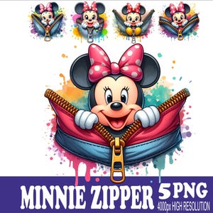 May include: A digital illustration of Minnie Mouse emerging from a zipper. Minnie Mouse is wearing a pink polka-dot bow and is surrounded by colorful watercolor paint splatters. The image includes the text "MINNIE ZIPPER 5 PNG 4000px HIGH RESOLUTION".