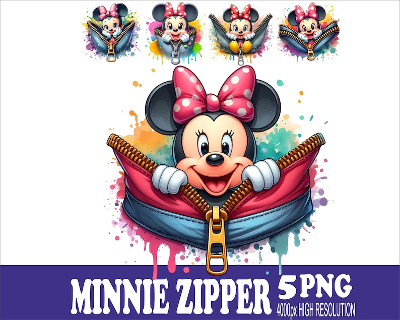 May include: A digital illustration of Minnie Mouse emerging from a zipper. Minnie Mouse is wearing a pink polka-dot bow and is surrounded by colorful watercolor paint splatters. The image includes the text "MINNIE ZIPPER 5 PNG 4000px HIGH RESOLUTION".