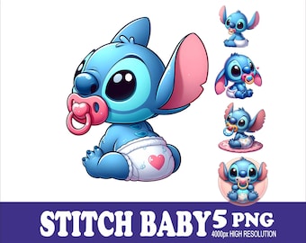 スティッチベビーデザイン水彩PNG：昇華プリントセット（5ファイル）