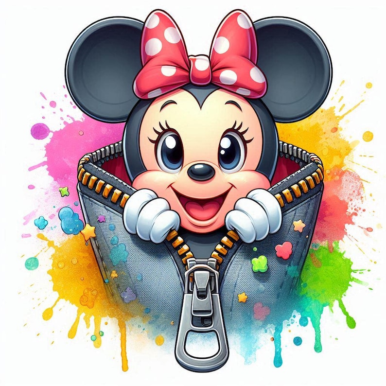 May include: A cartoon illustration of Minnie Mouse peeking out of a denim jacket with a silver zipper. She wears a red bow with white polka dots. Colorful paint splatters surround the image.