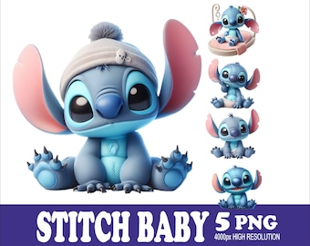 Diseños PNG de acuarela Stitch Baby: Paquete de sublimación (5 PNG)