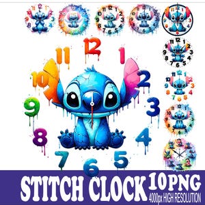 Stitch Clock Design Watercolor 10PNG: Sublimation Design Set (10 PNG Files)