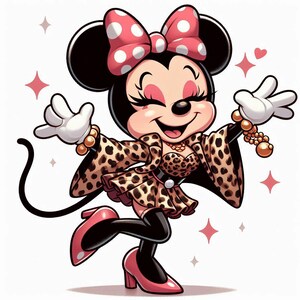 May include: A cartoon illustration of Minnie Mouse in a leopard print outfit, pink heels, and a matching bow with white polka dots. She is wearing a necklace and bracelets, with a joyful expression and arms outstretched. Pink stars and hearts surround her.
