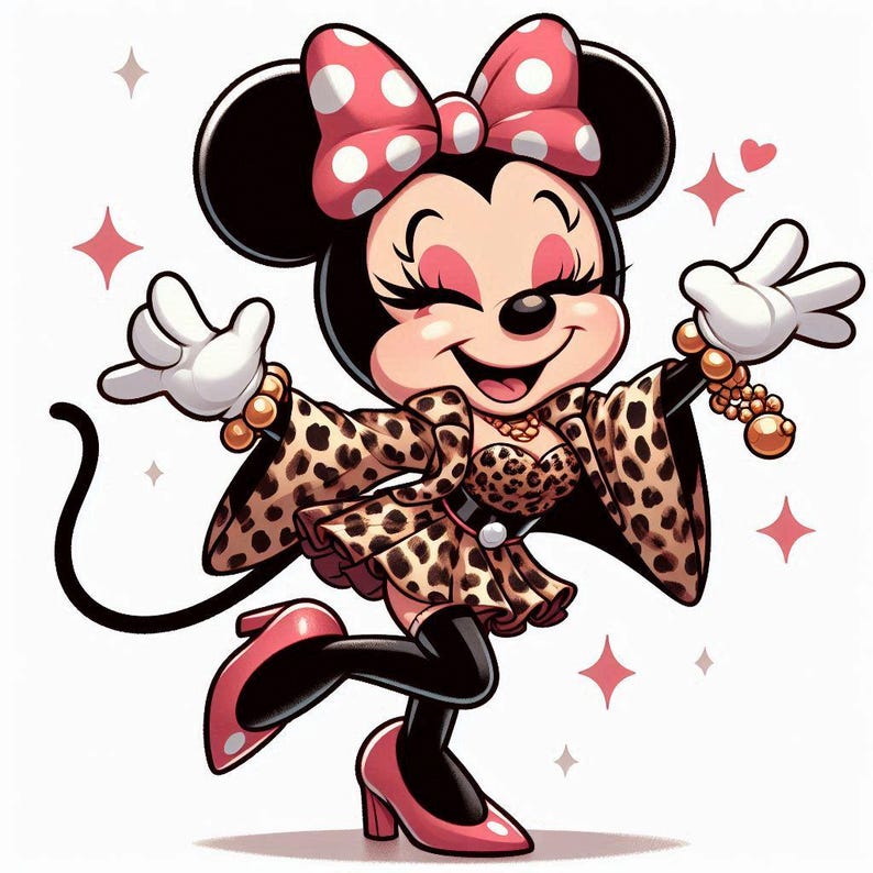 May include: A cartoon illustration of Minnie Mouse in a leopard print outfit, pink heels, and a matching bow with white polka dots. She is wearing a necklace and bracelets, with a joyful expression and arms outstretched. Pink stars and hearts surround her.