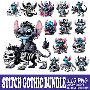 Op de afbeelding: Een digitale clipartbundel met 15 Stitch-personages in gotische stijl. De personages zijn blauw met zwarte accenten en worden afgebeeld in verschillende poses, waaronder het rijden op een skelettig wezen, het bespelen van een gitaar en het vasthouden van een schedel. De personages zijn geplaatst tegen een witte achtergrond.