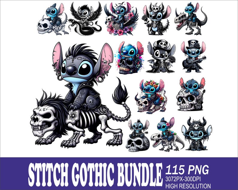 Op de afbeelding: Een digitale clipartbundel met 15 Stitch-personages in gotische stijl. De personages zijn blauw met zwarte accenten en worden afgebeeld in verschillende poses, waaronder het rijden op een skelettig wezen, het bespelen van een gitaar en het vasthouden van een schedel. De personages zijn geplaatst tegen een witte achtergrond.