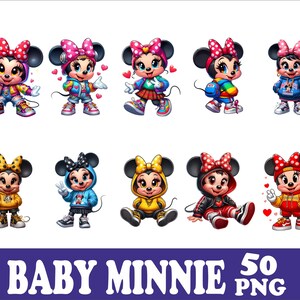 May include: A collection of ten cartoon illustrations of Baby Minnie Mouse in various outfits, each with a large bow. The images are colorful and feature Minnie in different poses and clothing styles. The text "BABY MINNIE 50 PNG" is at the bottom.