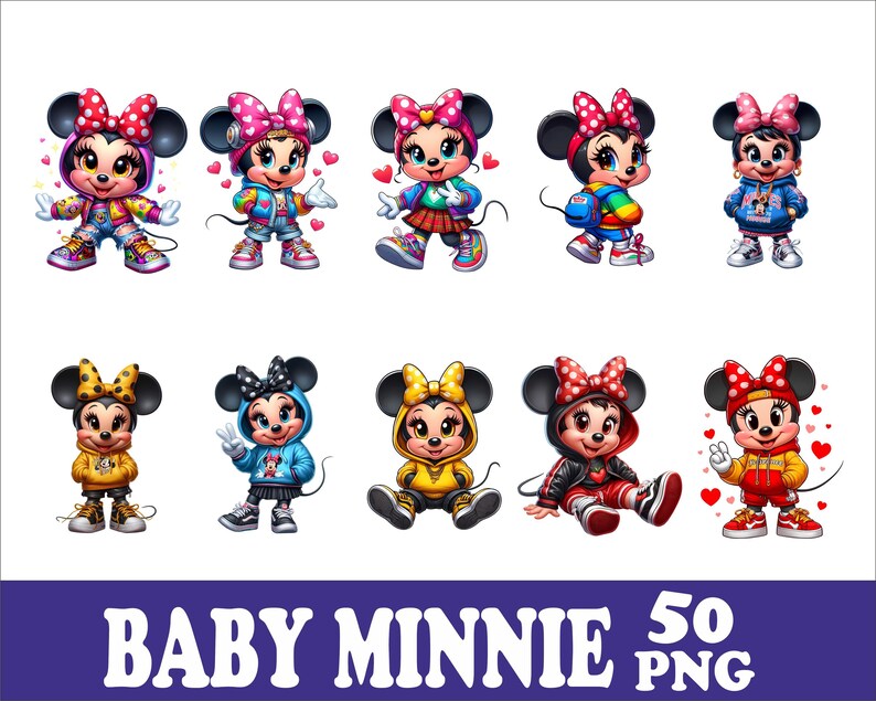 May include: A collection of ten cartoon illustrations of Baby Minnie Mouse in various outfits, each with a large bow. The images are colorful and feature Minnie in different poses and clothing styles. The text "BABY MINNIE 50 PNG" is at the bottom.