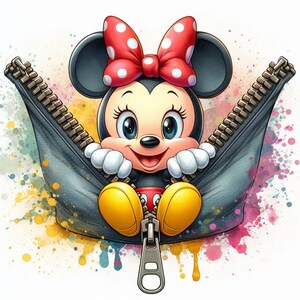 May include: A cartoon illustration of Minnie Mouse peeking out of a black zipper. She has a red bow with white polka dots, black ears, and yellow shoes. The background features colorful watercolor paint splatters.