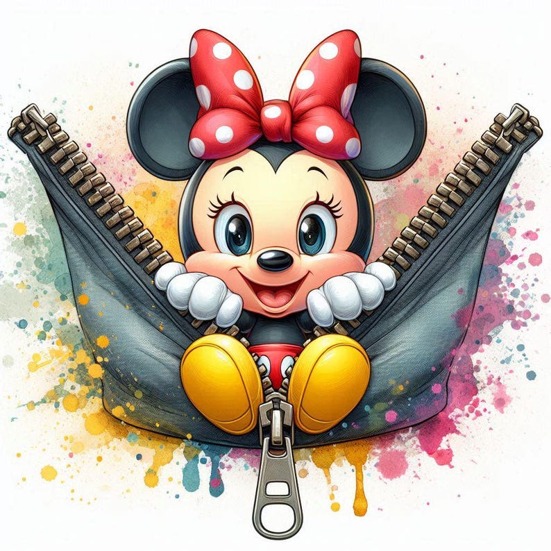 May include: A cartoon illustration of Minnie Mouse peeking out of a black zipper. She has a red bow with white polka dots, black ears, and yellow shoes. The background features colorful watercolor paint splatters.