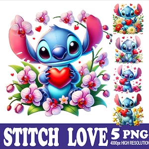 Stitch Love Watercolor PNG Designs: Sublimation Graphics (5 PNG Files)