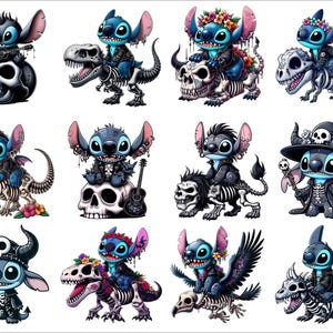 Op de afbeelding: Tien digitale illustraties van Stitch uit Lilo & Stitch, gekleed in punkrock-stijl. Elke illustratie toont Stitch terwijl hij op een dinosaurus skelet, een schedel of een raaf rijdt. Stitch draagt een zwart leren jack, studded armbanden en een schedelketting.