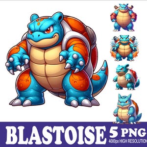 Puede incluir: Una ilustración de dibujos animados de Blastoise, un Pokémon tortuga azul y naranja, en cinco poses diferentes. Las poses incluyen Blastoise de pie, caminando y disparando agua desde sus cañones. La imagen está etiquetada como "Blastoise 5 PNG 4000px Alta Resolución".