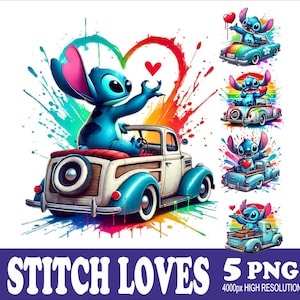 Stitch Loves Car Watercolor PNG Designs: Sublimation Graphics (5 PNG)