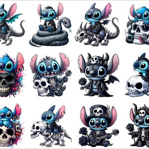 Op de afbeelding: Twaalf digitale illustraties van Stitch uit Lilo & Stitch, gekleed in verschillende gotische outfits. Stitch draagt een zwart leren jack, een schedelketting en een paar zwarte laarzen. In &eacute;&eacute;n afbeelding houdt hij een gitaar vast, in een andere een schedel. De achtergrond is wit.