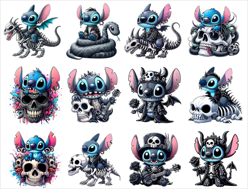 Op de afbeelding: Twaalf digitale illustraties van Stitch uit Lilo & Stitch, gekleed in verschillende gotische outfits. Stitch draagt een zwart leren jack, een schedelketting en een paar zwarte laarzen. In &eacute;&eacute;n afbeelding houdt hij een gitaar vast, in een andere een schedel. De achtergrond is wit.