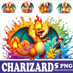 May include: A vibrant digital illustration featuring Charizard, Ash, and Pikachu. Charizard is orange with teal wings, surrounded by flames and colorful paint splashes. The text "CHARIZARD 5 PNG" is at the bottom.