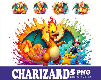 Charizard Watercolor PNG Designs: Sublimation Print Set (5 Files)