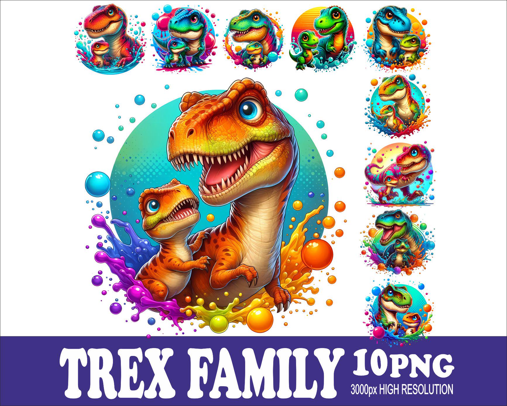 T-Rex Family Watercolor PNG Design: Sublimation Printing (10 Files)