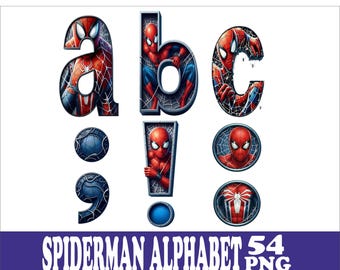 Alfabeto ragno supereroe PNG: font ad alta risoluzione (54 file)