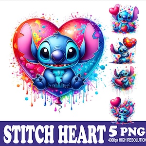 Stitch Heart Watercolor PNG Designs: Sublimation Graphics (5 PNG)