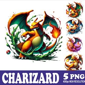 Könnte beinhalten: Eine digitale Illustration von Glurak, einem Feuer-Pokémon, in fünf verschiedenen Posen. Jede Pose zeigt Glurak mit einem andersfarbigen Hintergrund und einem Wasserspritz.