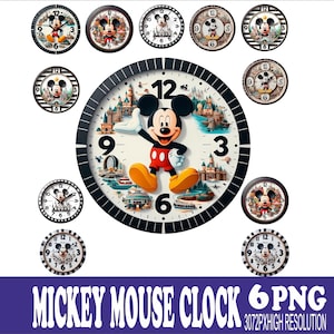 May include: A collection of Mickey Mouse clocks in various designs. The central clock features Mickey Mouse with a theme park background. Surrounding clocks showcase different Mickey Mouse illustrations. The clocks have black and white details.