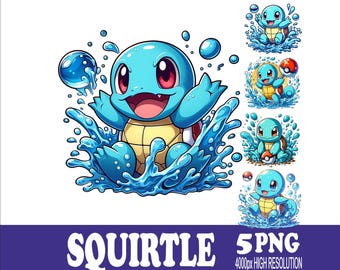 Squirtle Design Watercolor PNG: Sublimation Design Set (5 Files)