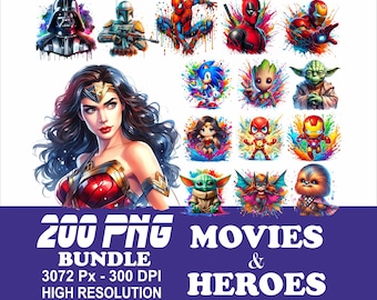 Movie Heroes PNG Bundle: Sublimation Designs (200 Files)